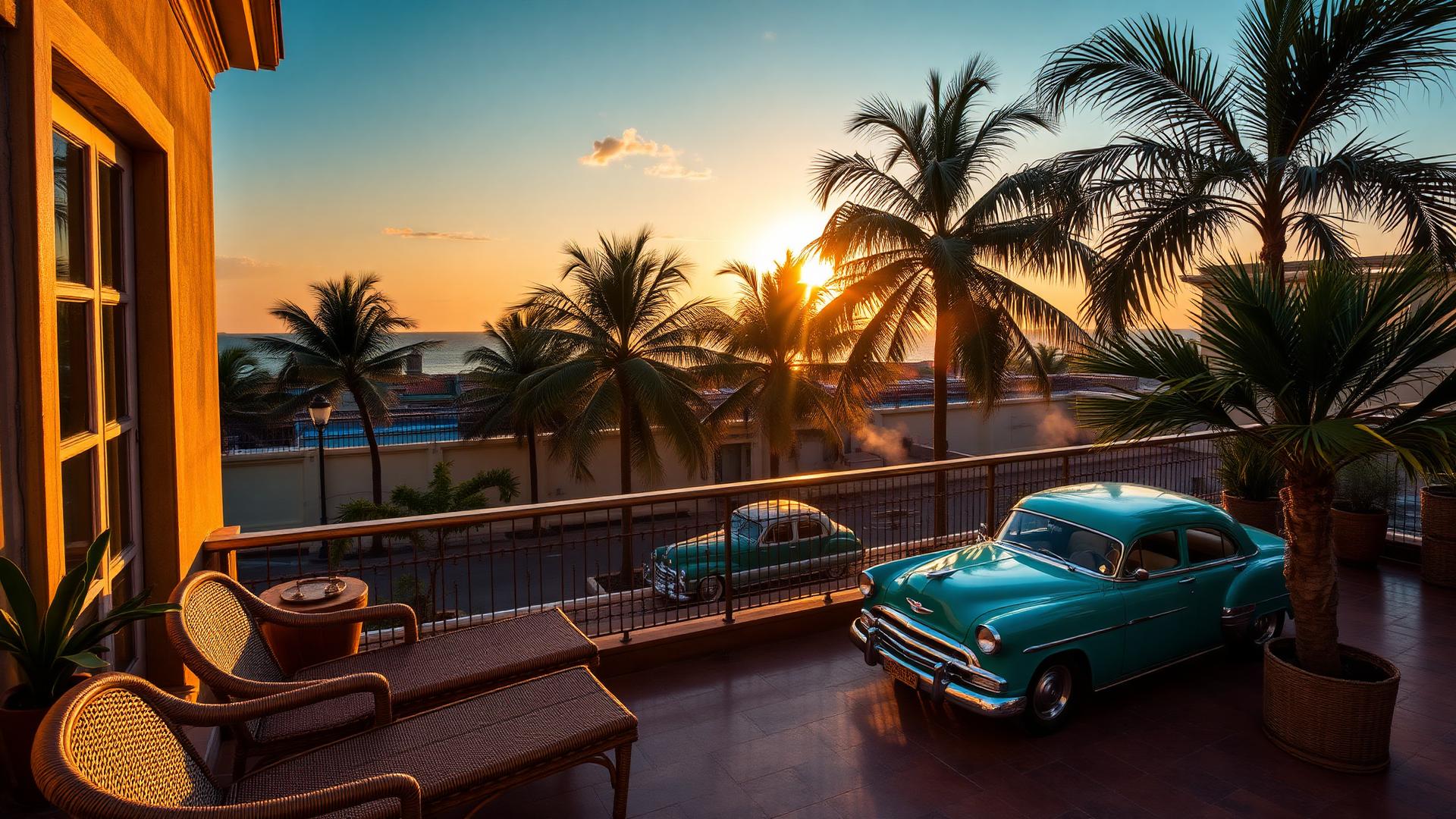 Havana Elite Escapes — colonial rooftop terrace at sunset with vintage cars and palm trees