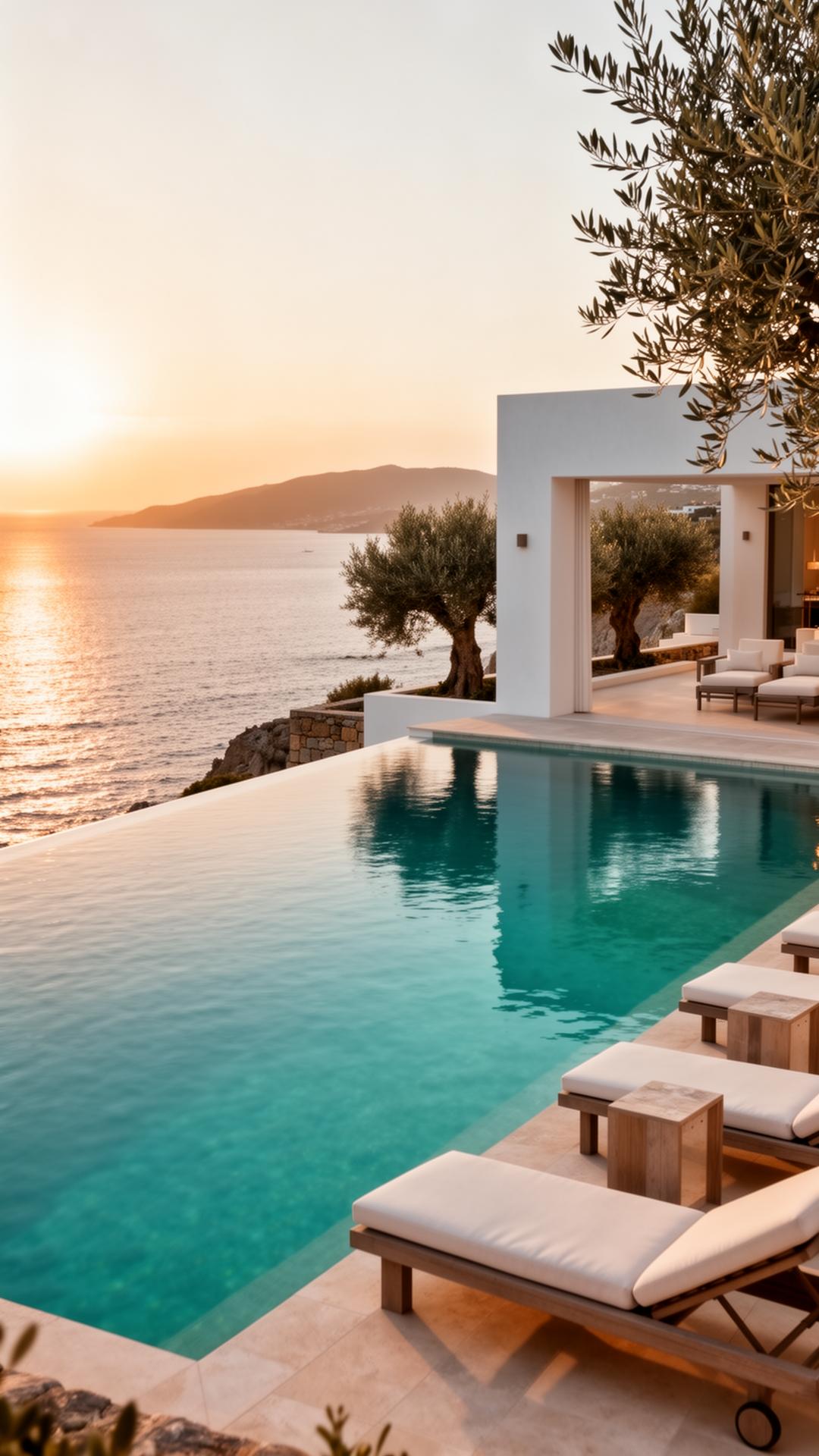 A whitewashed luxury villa with infinity pool overlooking the Aegean sea at golden hour